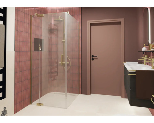 Modernes Badezimmer mit Eckdusche, Klarglasduschwand mit Metallprofilen, Regendusche und Waschtisch mit passenden Armaturen vor Kachelwand.