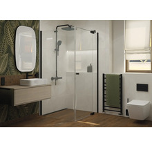 Modernes Badezimmer mit begehbarer Duschkabine, wandhängendem Waschbecken, ovalem Spiegel und hängender Toilette in einer hellen Raumgestaltung.
