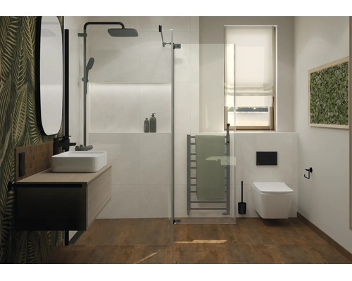 Salle de bain moderne avec douche à l'italienne, lavabo, WC suspendu et sèche-serviettes, combinant aspect bois et papier peint feuillage.