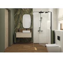 Salle de bain moderne avec lavabo, meuble sous vasque suspendu, vasque à poser, miroir, douche à l italienne et toilettes suspendues.