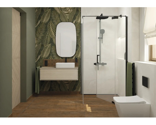 Salle de bain moderne avec lavabo, meuble sous vasque suspendu, vasque à poser, miroir, douche à l italienne et toilettes suspendues.