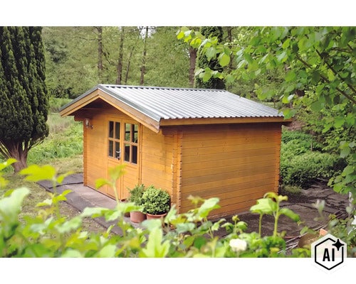 Abri de jardin en bois avec toit à deux versants et couverture en tôle ondulée, situé dans un jardin avec des arbres et des buissons. (Image AI modified or generated)