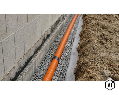 Un tuyau de drainage dans une tranchée remplie de gravier le long d un mur pour le drainage professionnel des fondations du bâtiment. (Image AI modified or generated)
