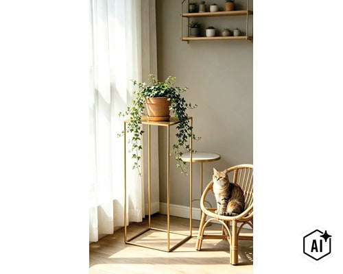 Wohnraum mit einem metallischen Blumenständer mit Efeu, einem Rattanstuhl mit einer Katze und einem Wandregal mit kleinen Topfpflanzen. (Image AI modified or generated)