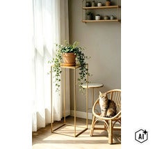 Wohnzimmer mit hoher metallener Pflanzensäule, Rattan-Stuhl, Wandregal mit kleinen Töpfen und Katze am Fenster. (Image AI modified or generated)