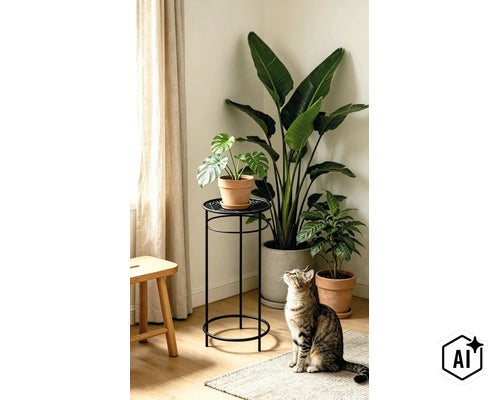 Un support pour plantes rond en métal noir dans un salon avec un chat et diverses plantes en pot. (Image AI modified or generated)