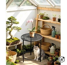 Une table ronde en métal avec motif de feuilles se trouve dans une serre lumineuse, avec un chat, une orchidée et des plantes sur des étagères. (Image AI modified or generated)