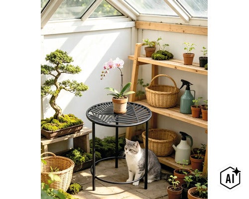 Une table ronde en métal avec motif de feuilles se trouve dans une serre lumineuse, avec un chat, une orchidée et des plantes sur des étagères. (Image AI modified or generated)