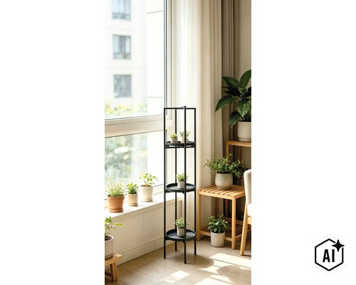 Un support de fleurs étroit en métal avec trois niveaux ronds, placé dans un salon lumineux devant une fenêtre avec d'autres plantes d'intérieur. (Image AI modified or generated)