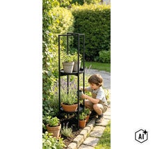 Un enfant arrose des plantes dans des pots en terre cuite posés sur une grande étagère à plantes en métal dans un jardin ensoleillé. (Image AI modified or generated)