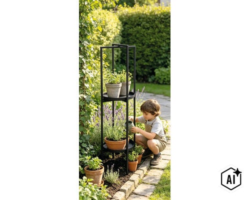 Un enfant arrose des plantes dans des pots en terre cuite posés sur une grande étagère à plantes en métal dans un jardin ensoleillé. (Image AI modified or generated)