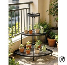Étagère à fleurs triangulaire à trois niveaux en métal pour le coin du balcon avec divers petits pots de fleurs et un arrosoir. (Image AI modified or generated)