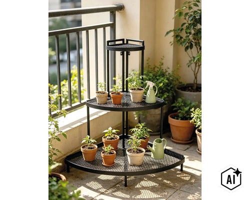 Étagère à fleurs triangulaire à trois niveaux en métal pour le coin du balcon avec divers petits pots de fleurs et un arrosoir. (Image AI modified or generated)