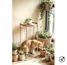 Table d appoint en métal avec plateau rond, entourée de diverses plantes d intérieur en pot et d un chat dans une pièce lumineuse. (Image AI modified or generated)