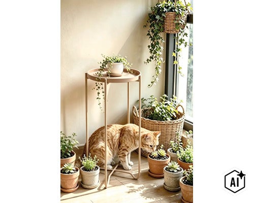 Table d appoint en métal avec plateau rond, entourée de diverses plantes d intérieur en pot et d un chat dans une pièce lumineuse. (Image AI modified or generated)