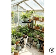 Une serre avec une variété de plantes d'intérieur en pot, un support de fleurs noir et un chat noir et blanc sur le sol. (Image AI modified or generated)