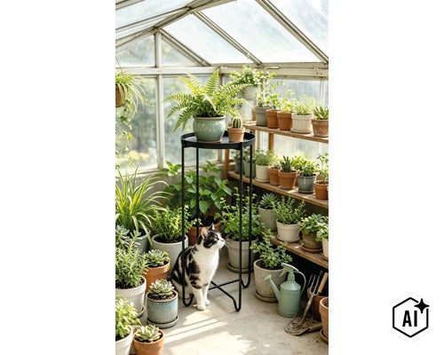 Une serre avec une variété de plantes d'intérieur en pot, un support de fleurs noir et un chat noir et blanc sur le sol. (Image AI modified or generated)