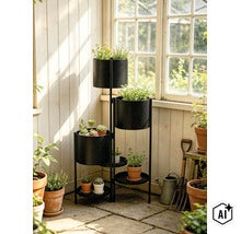 Étagère à fleurs à plusieurs niveaux en métal avec des pots cylindriques dans une véranda lumineuse avec diverses plantes grasses et herbes. (Image AI modified or generated)