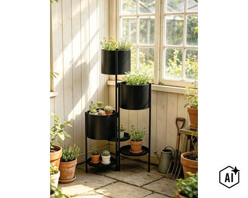 Étagère à fleurs à plusieurs niveaux en métal avec des pots cylindriques dans une véranda lumineuse avec diverses plantes grasses et herbes. (Image AI modified or generated)