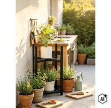 Étagère à plantes en métal noir pour extérieur avec divers pots d'herbes aromatiques sur une terrasse devant une cuisine d'été. (Image AI modified or generated)