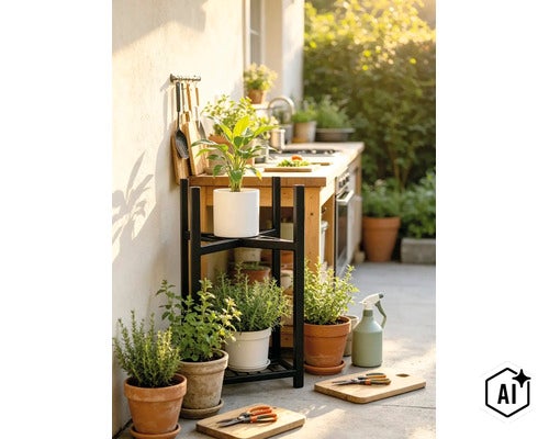 Étagère à plantes en métal noir pour extérieur avec divers pots d'herbes aromatiques sur une terrasse devant une cuisine d'été. (Image AI modified or generated)