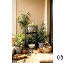Support pour plantes avec pots de fleurs, plantes et outils de jardinage sur un sol en bois pour un balcon décoratif et organisé. (Image AI modified or generated)