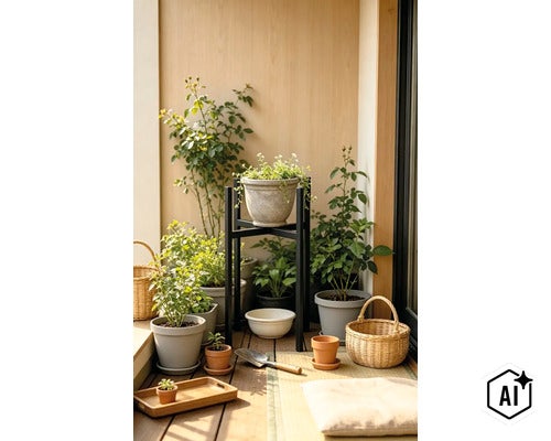 Support pour plantes avec pots de fleurs, plantes et outils de jardinage sur un sol en bois pour un balcon décoratif et organisé. (Image AI modified or generated)