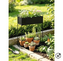 Étagère pour plantes en métal noir avec jardinière intégrée et espace pour pots en terre cuite dans le jardin. (Image AI modified or generated)