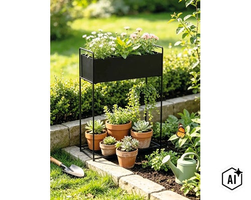 Étagère pour plantes en métal noir avec jardinière intégrée et espace pour pots en terre cuite dans le jardin. (Image AI modified or generated)