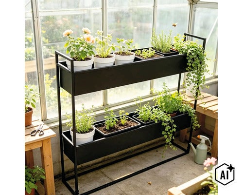 Étagère à herbes aromatiques noire à deux niveaux en métal dans une serre avec diverses plantes en pots et jardinières. (Image AI modified or generated)