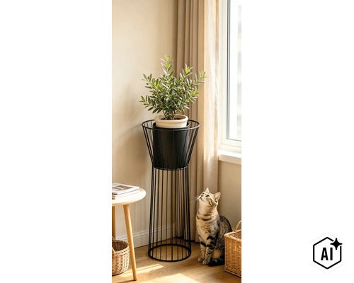 Un olivier dans un pot sur un support de plante en fil de fer noir à côté d'un chat dans un salon lumineux. (Image AI modified or generated)