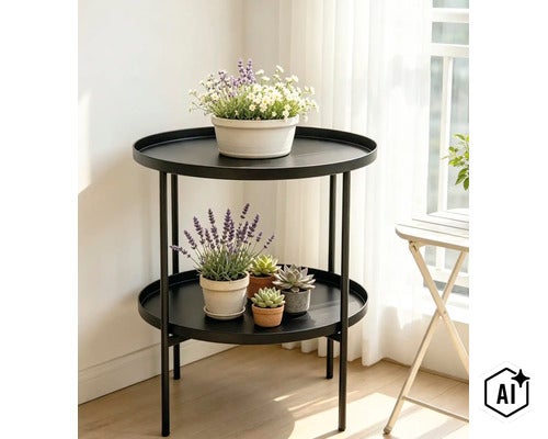 Table d appoint ronde en metal a deux etageres decoree de plantes en pot dans un espace de vie lumineux. (Image AI modified or generated)