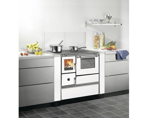 Moderner weißer Holzherd als Einbauherd in einer funktionalen Küche mit Kochfeld, Sichtfenster zur Brennkammer und Backofen.