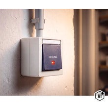 Interrupteur de chauffage pour montage en saillie avec témoin lumineux et étiquette monté sur un mur (Image AI modified or generated)