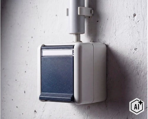Interrupteur en saillie avec couvercle rabattable pour installation en milieu humide sur un mur. (Image AI modified or generated)