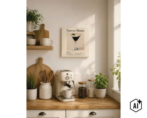 Wandbild mit Espresso Martini Rezept an einer hellen Küche mit Kaffeemaschine (Image AI modified or generated)