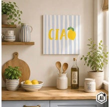 Wandbild mit Ciao Schriftzug und Zitronenmotiv in einer hellen mediterranen Küche mit Holzarbeitsplatte und Küchenutensilien. (Image AI modified or generated)