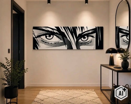 Wandbild mit Comic Augen Motiv im modernen Flur mit Spiegel und Konsolentisch. (Image AI modified or generated)
