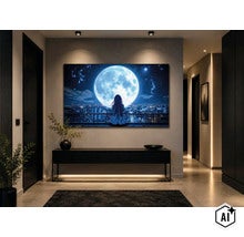 Wandbild mit Anime Motiv einer sitzenden Person vor Vollmond über einer Stadt in modernem Flur mit dunkler Kommode. (Image AI modified or generated)