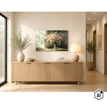 Wandbild mit Blumenstrauß in Glasvase über einem Sideboard aus Holz in einem hellen, modern eingerichteten Wohnbereich. (Image AI modified or generated)
