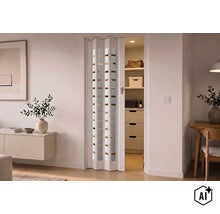 Eine halb geöffnete weiße Falttür mit Glaseinsätzen in einem hellen, modern eingerichteten Raum mit einem begehbaren Kleiderschrank dahinter. (Image AI modified or generated)