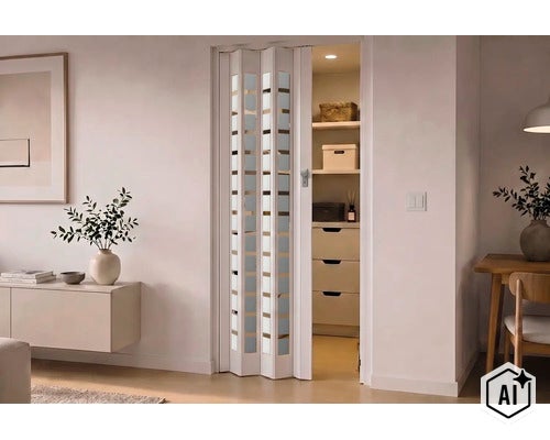 Eine halb geöffnete weiße Falttür mit Glaseinsätzen in einem hellen, modern eingerichteten Raum mit einem begehbaren Kleiderschrank dahinter. (Image AI modified or generated)
