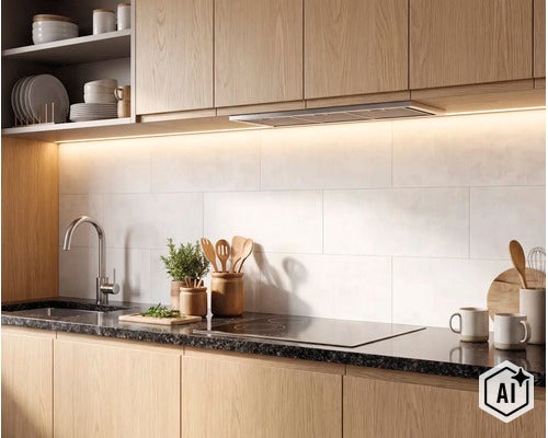 Cuisine moderne avec façades en bois, plan de travail en granit foncé et crédence blanche, mise en valeur par un éclairage LED indirect. (Image AI modified or generated)