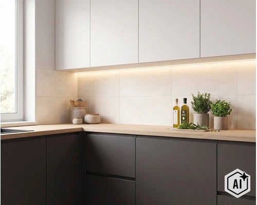 Cuisine moderne avec placards muraux clairs, meubles bas sombres, plan de travail en bois et éclairage LED sous les meubles. (Image AI modified or generated)