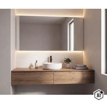 Salle de bain moderne avec meuble sous vasque imitation bois, vasque à poser ronde, miroir à éclairage LED et carrelage mural rainuré. (Image AI modified or generated)