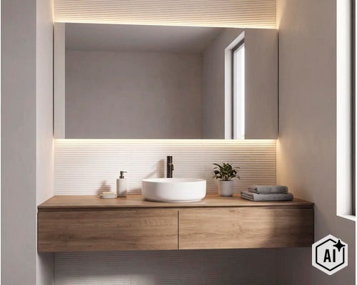 Salle de bain moderne avec meuble sous vasque imitation bois, vasque à poser ronde, miroir à éclairage LED et carrelage mural rainuré. (Image AI modified or generated)