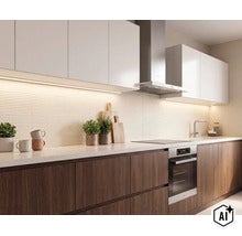 Cuisine équipée moderne avec placards blancs, façades en bois foncé, carrelage mural rainuré et éclairage intégré. (Image AI modified or generated)