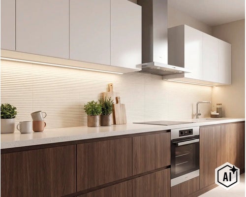 Cuisine équipée moderne avec placards blancs, façades en bois foncé, carrelage mural rainuré et éclairage intégré. (Image AI modified or generated)