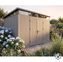 Abri de jardin moderne avec aspect bois vertical, double porte et imposte périphérique dans un jardin bien entretenu. (Image AI modified or generated)