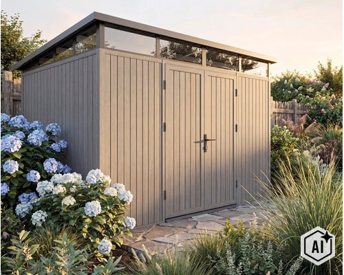 Abri de jardin moderne avec aspect bois vertical, double porte et imposte périphérique dans un jardin bien entretenu. (Image AI modified or generated)